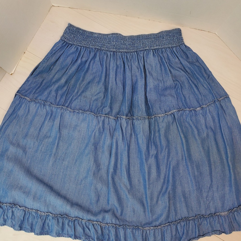 Penelope Rose Blue Chambray Tiered Midi Skirt Smocked Waist Plus 3X Prairie Boho